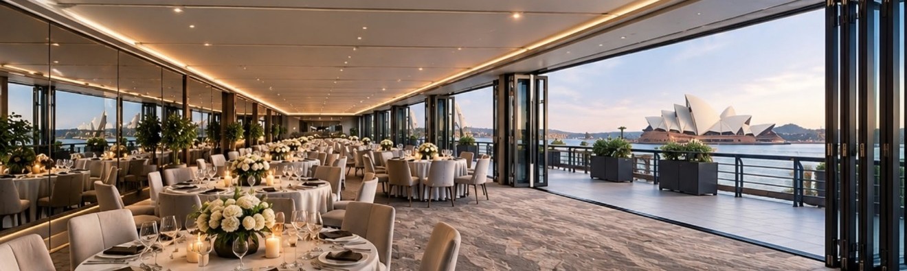 Opera View dining room set for a seated event, with bi-fold doors open to the terrace and the Sydney Opera House