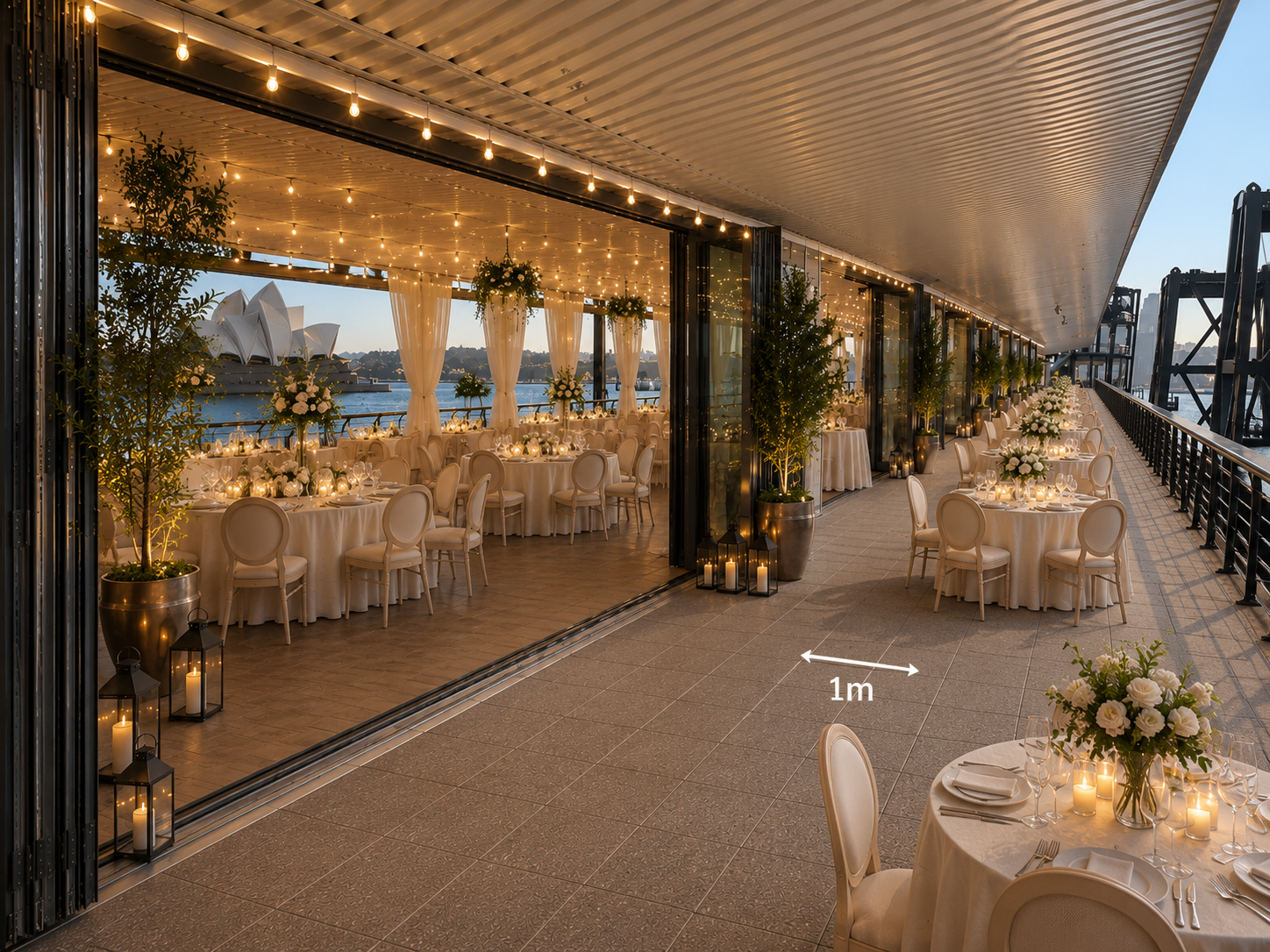 Wedding reception styled with white florals, candles and festoon lighting, opening onto the terrace with the Sydney Opera House beyond