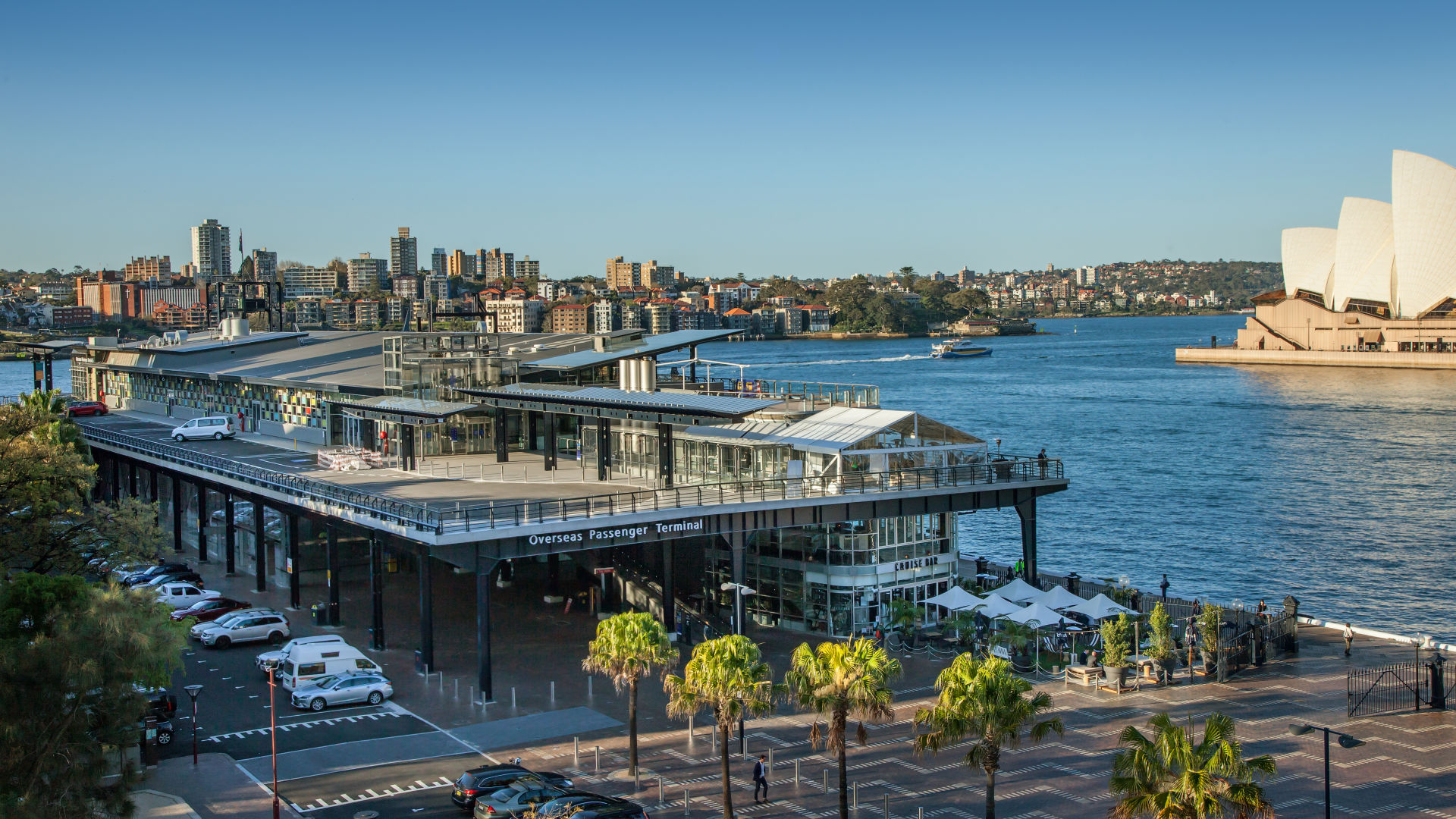 The Overseas Passenger Terminal at Circular Quay on Sydney Harbour, with the Sydney Opera House across the water