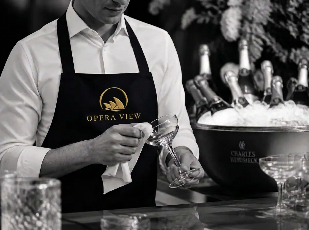 Opera View bartender in a deep navy monogrammed apron polishing glassware beside champagne on ice, in black and white