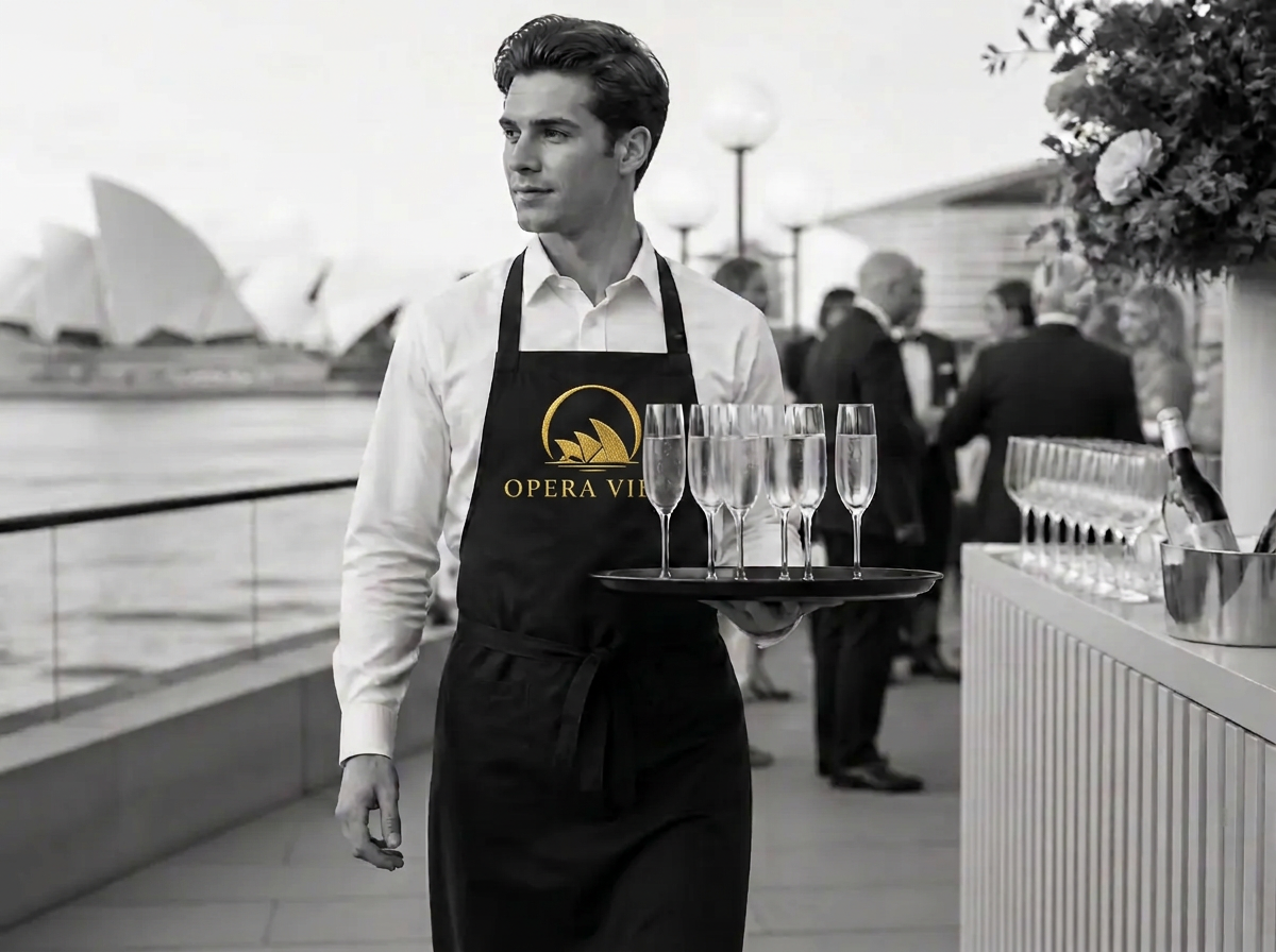 Opera View event attendant in a white shirt and deep navy monogrammed apron carrying champagne on Sydney Harbour, in black and white