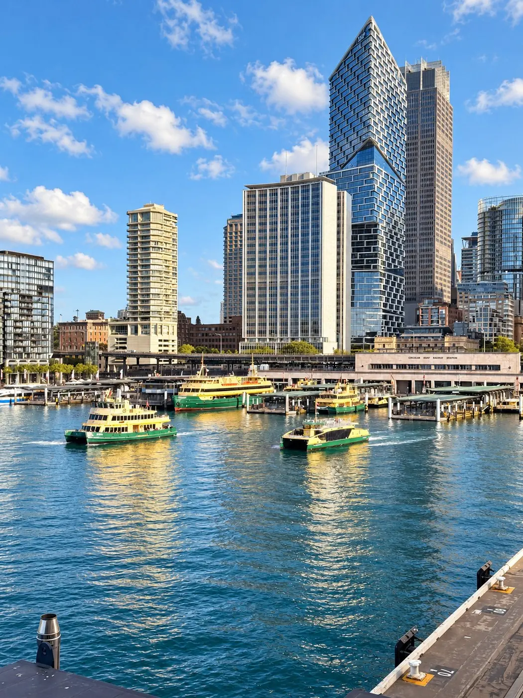 Sydney ferries arriving at Circular Quay wharves with the city skyline behind
