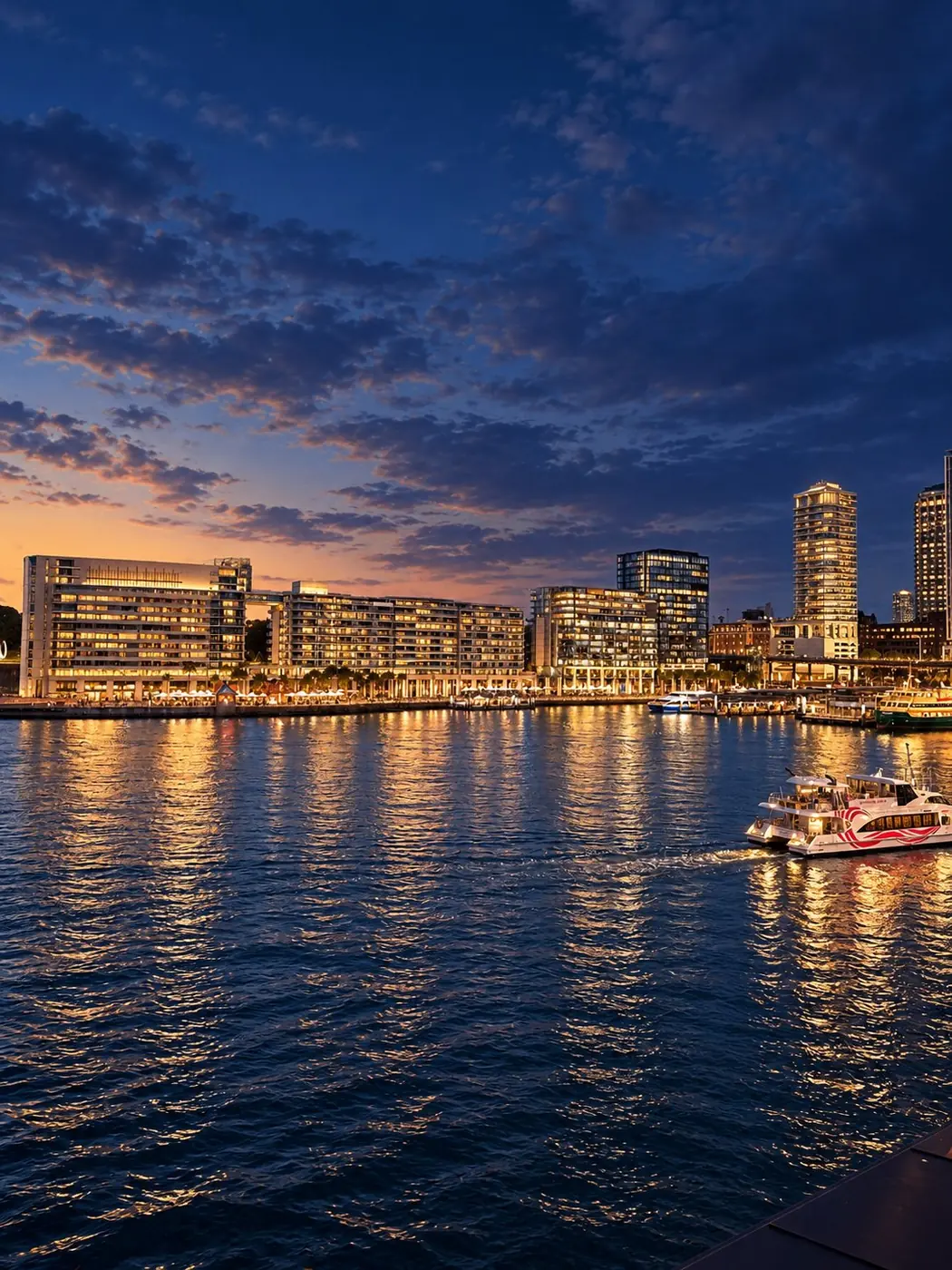 Sydney Harbour at dusk with city lights reflected on the water beside Circular Quay