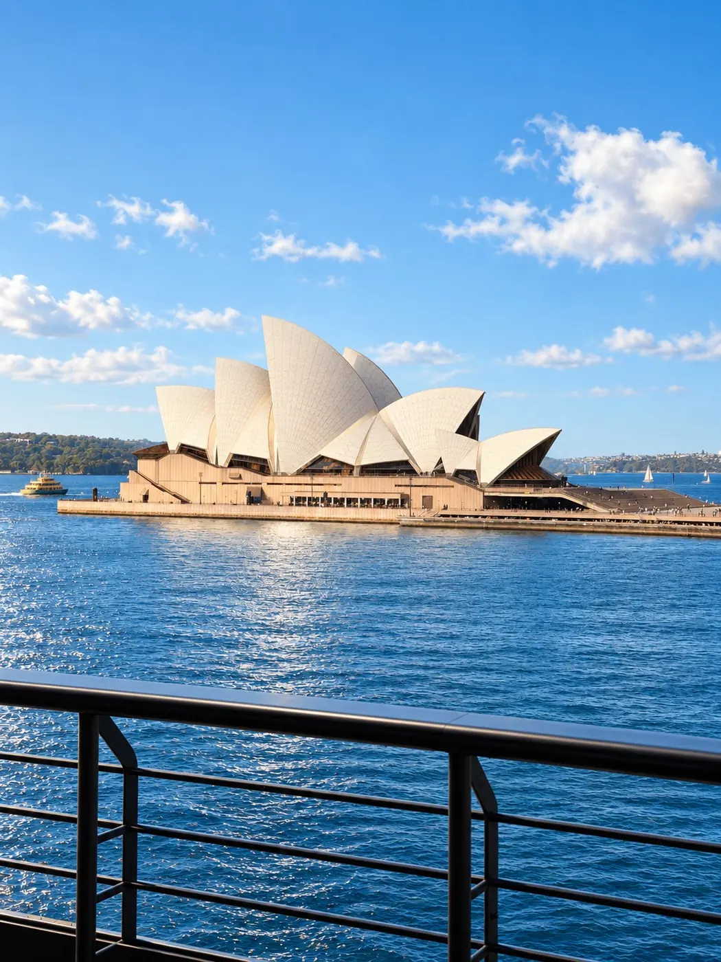 Guests with champagne on the Opera View terrace looking directly at the illuminated Sydney Harbour Bridge at dusk